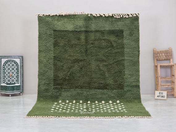 GREEN RUG, Stunning Moroccan Rug, Fluffy Beni Ourain Area Rug, White Dots Rug, Authentic Berber Carpet, Handmade to Order in Custom Sizes.