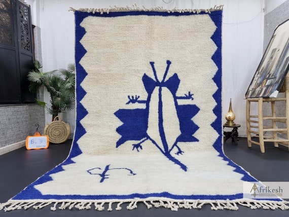 CUSTOM BENIOURAIN RUG, Moroccan Berber Rug, Unique Blue and White Rug, Handmade Rug, Abstract Rug, Sheep Wool Rug, Handwoven Area Rug.