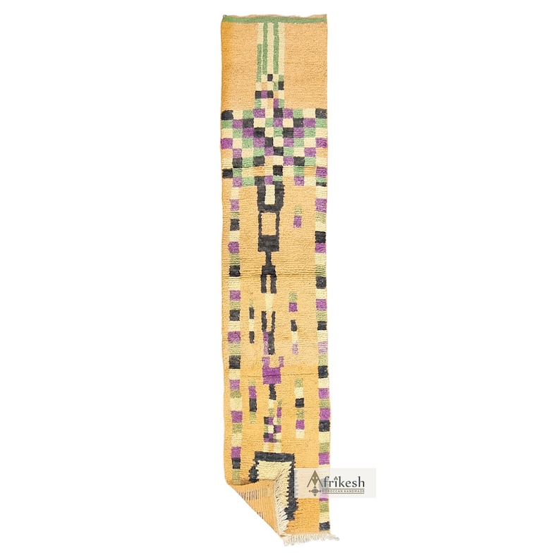 PRETTY BOUJAAD RUG, Moroccan Runner 2x11, Checkered Rug, Berber Rug, Large Orange and Purple Runner, Wool Rug, Handwoven Rug - Afrikesh Rug - One Side Fringes.
Pile Height: 1.5 cm-0.59 inches.