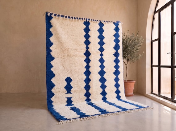 Royal Blue and Ivory Shag Berber Rug - Handmade Moroccan Wool Rug - Blue Diamond Beni Ourain Area Rug for Living Room | Afrikesh
