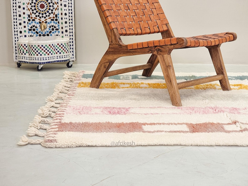 BERBER CARPET, Handmade Beni Ourain Rug, White Moroccan Rug, Custom Made Wool Rug, Striped Area Rug, Shaggy & Colored Floor Covering- Afrikesh Rug - Two Side Fringes.