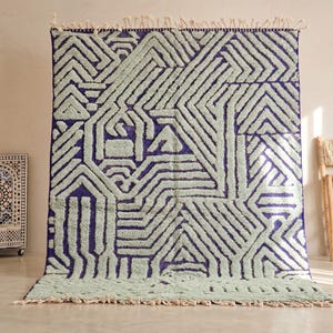 TUFTED WOOL RUG, Beni Ourain Moroccan Rug, Custom Size Floor Rug, Sage Green & Blue Dining Room Rug, Artistic Shag Area Rug.