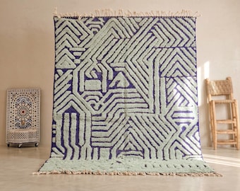 TUFTED WOOL RUG, Beni Ourain Moroccan Rug, Custom Size Floor Rug, Sage Green & Blue Dining Room Rug, Artistic Shag Area Rug.