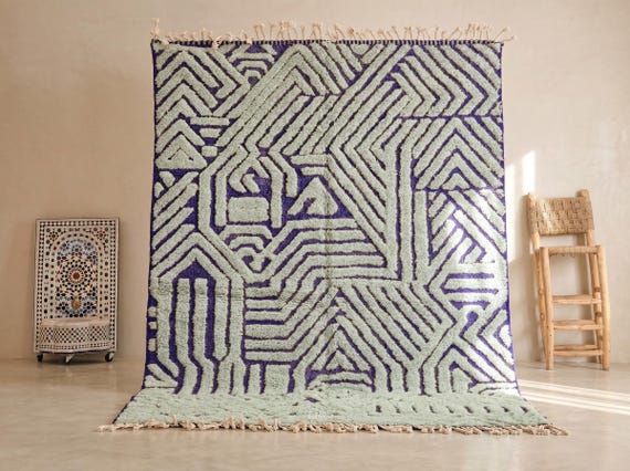 TUFTED WOOL RUG, Beni Ourain Moroccan Rug, Custom Size Floor Rug, Sage Green & Blue Dining Room Rug, Artistic Shag Area Rug.