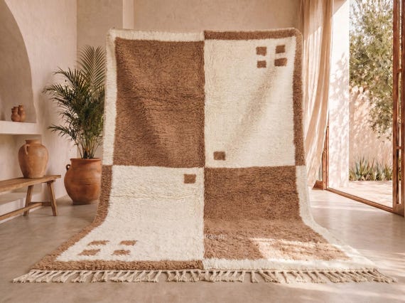 Camel and Ivory Checkered Beni Ourain Rug - High Pile Handmade Moroccan Wool Rug - Berber Area Rug for Living Room | Afrikesh