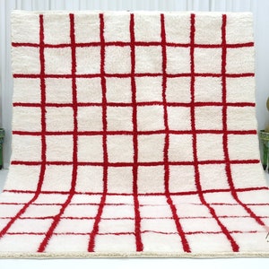 GRID MOROCCAN RUG, Personalized Berber Carpet, Beni Ourain Shag Rug, White & Red Rug, Handmade Wool Rug, Marvelous Beni Rug For Living Room.