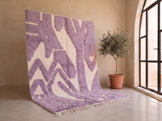 Lavender Purple and Ivory Beni Ourain Rug - Handmade Moroccan Wool Rug - Soft Shaggy Berber Area Rug for Living Room | Afrikesh