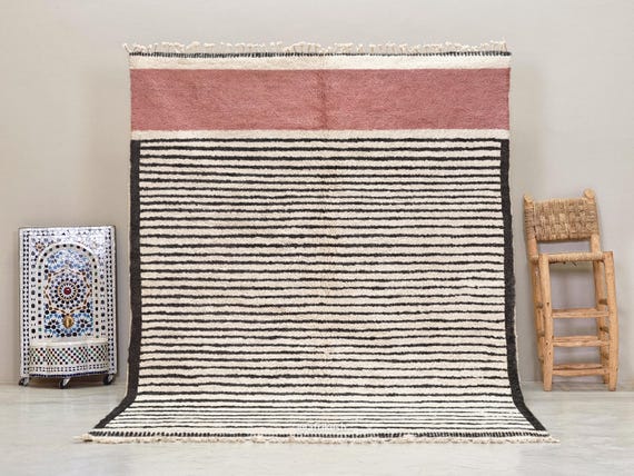 STRIPED FLOOR RUG, Soft Pink Beni Ourain Rug, Custom Moroccan Rug, Handmade Wool Berber Carpet, Black Motifs Area Rug, Modern Home Decor