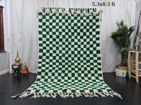 Gorgeous Beni Ourain Rug, Moroccan Handmade Carpet, Green and White Rug, Tribal Wool Rug, Berber Rug, Checkered Rug, Tapis berbere