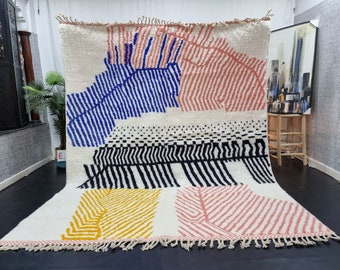 BENI OURAIN RUG, Artistic Moroccan Rug, Blue & Pink Wool Rug, Custom Berber Carpet, Tribal Abstract Rug, Handmade Funky Rug, Soft Area Rug.