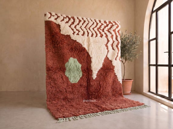 Organic Moroccan Tufted Rug - Handmade Beni Ourain Wool Rug - Terracotta, Ivory and Sage Green Berber Area Rug for Living Room | Afrikesh.