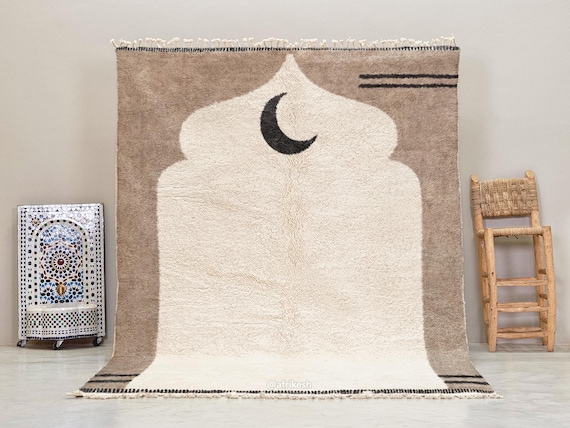 DURABLE WOOL RUG, Handwoven Moroccan Rug, Neutral Beni Ourain Rug, Abstract Pattern Berber Rug, Custom Shag Carpet, Beige & White Design.