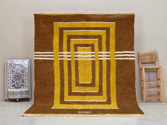 HANDCRAFTED PILE RUG, Custom Beni Ourain Moroccan Rug, Brown & Yellow Berber Carpet, Geometric Pattern Wool Rug, Stylish Home Decor.