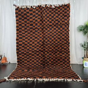 CHECKERED RUG, Authentic Moroccan Rug, Beni Ourain Custom Rug, Black & Brown Wool Rug, Fluffy Area Rug, Handmade Berber Carpet.