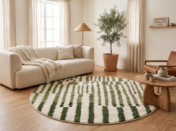 Forest Green Beni Ourain Rug - Round Handmade Moroccan High Pile Wool Rug - Striped Berber Area Rug for Living Room | Afrikesh