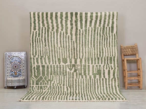 COZY GREEN RUG, Custom Moroccan Rug, Beni Ourain Wool Rug, Berber Area Rug, Handmade Striped Carpet, Luxe Shag Rug for Contemporary Homes