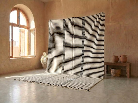 Custom Black and White Striped Kilim Rug – Handmade Moroccan Wool Flatweave Berber Area Rug