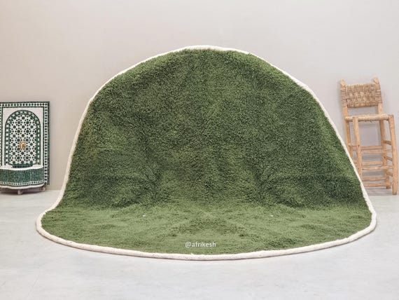 SOLID GREEN RUG, Circle Beni Ourain Rug, Custom Moroccan Rug, Hand-Knotted Area Rug, Authentic Berber Carpet, Round Rug For Living Room.