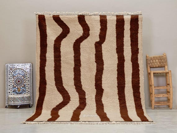 EYECATCHING MOROCCAN RUG, Custom-Size Beni Ourain Rug, Handcrafted Wool Carpet, Brown & Beige Shaggy Rug, Wavy Striped Area Rug.