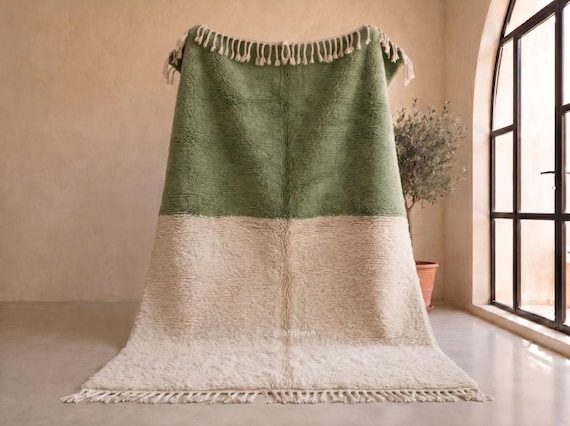 Minimalist Moroccan Wool Rug - Olive Green Colorblock Beni Ourain Rug - Handmade Berber Area Rug for Living Room | Afrikesh