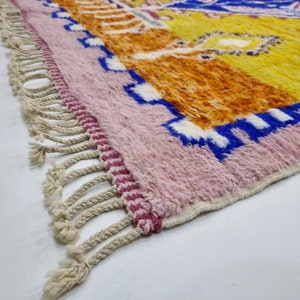 UNIQUE BENIOURAIN RUG, Custom Moroccan Rug, Pink and Mustard Rug, Handmade Berber Rug, Abstract Sheep Wool Carpet, Handwoven Area Rug-Afrikesh Rug-Two Side Fringes.