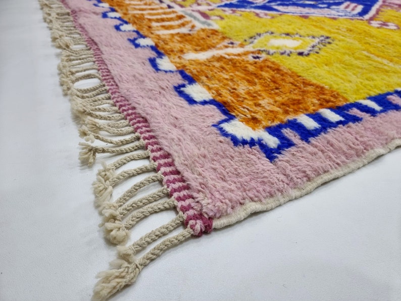 UNIQUE BENIOURAIN RUG, Custom Moroccan Rug, Pink and Mustard Rug, Handmade Berber Rug, Abstract Sheep Wool Carpet, Handwoven Area Rug-Afrikesh Rug-Two Side Fringes.