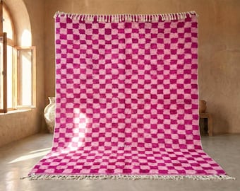 PINK CHECKERED RUG, Moroccan Shag Carpet, Beni Ourain Area Rug, Authentic Berber Carpet, Handmade Wool Rug, Custom Size Living Room Rug.