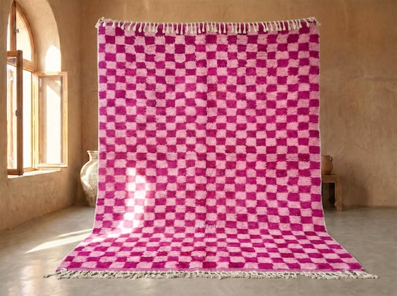 PINK CHECKERED RUG, Moroccan Shag Carpet, Beni Ourain Area Rug, Authentic Berber Carpet, Handmade Wool Rug, Custom Size Living Room Rug.