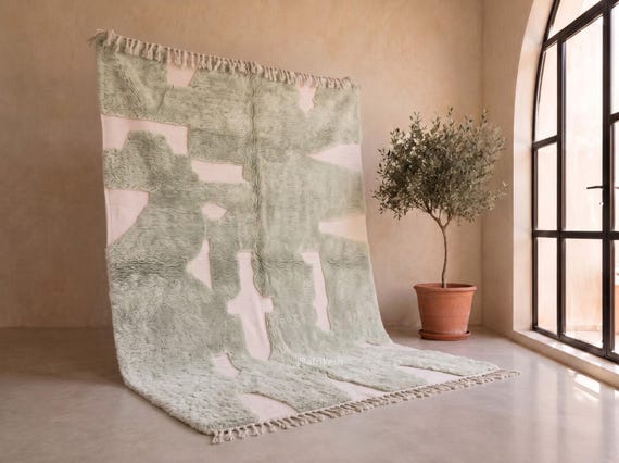 Soft Shaggy Beni Ourain Rug - Handmade Moroccan Wool Rug - Sage Green & Ivory High Pile Berber Area Rug for Living Room | Afrikesh