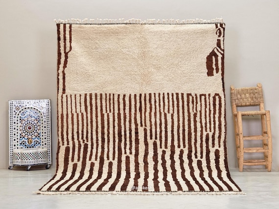 Handcrafted Beni Ourain Wool Rug: Striped Moroccan Berber Carpet