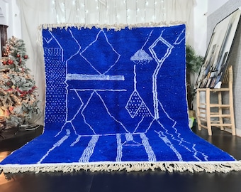 BLUE OCEAN RUG, Amazing Abstract Area Rug For Your Living Room, Handmade Form Royal Blue Wool of Sheep, Inspired From Berber Nomadic Tribes