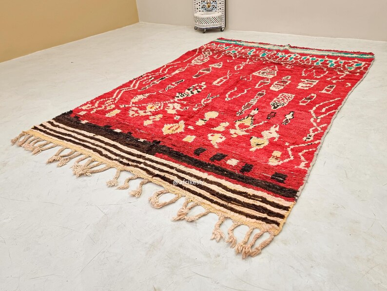 RED WOOL RUG 6x9, Tribal Moroccan Rug, Handmade Boujaad Rug, Vintage Dining Room Decor, Artistic Berber Carpet, Bohemian Interior Design - Afrikesh Rug - One Side Fringes.
Pile Height:1 cm-0.39 inches.