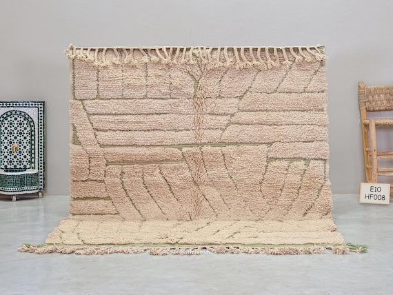HAND TUFTED RUG 6x8, Beni Ourain Wool Rug, Beige & Green Moroccan Rug, Fluffy Chic Berber Carpet, A Statement Piece with Timeless Charm