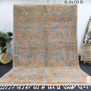 MOROCCAN WOOL RUG 6x10, Handwoven Beni Ourain Rug, Blue & Orange Rug, Abstract Large Area Rug, Fluffy Berber Carpet, Modern Home Decor.