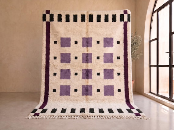 Mauve Purple Geometric Beni Ourain Rug - Handmade Moroccan Wool Rug - Dark Burgundy Border Berber Area Rug for Bedroom | Afrikesh