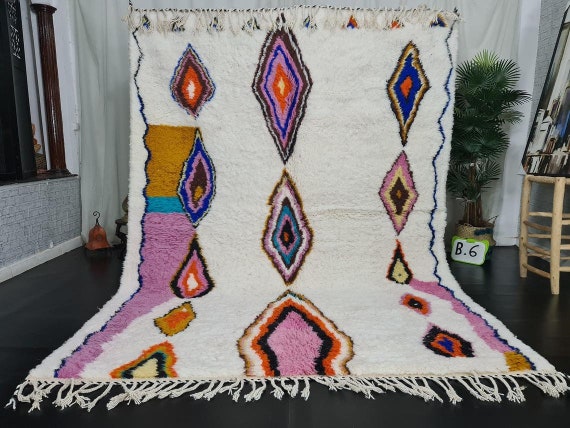 MOROCCAN AZILAL RUG -  Moroccan Handmade Rug - White Wool Rug - Pink Berber Carpet - Bohemian Handmade Rug - Abstract Rug - Winter Rug