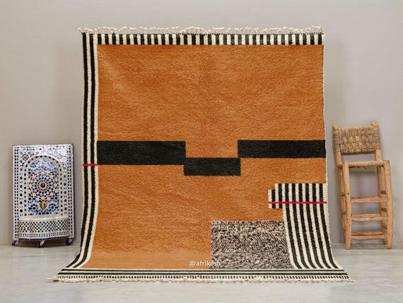 HANDWOVEN MODERN RUG, Warm Orange & Black Floor Rug, Striped Pattern Moroccan Rug, Beni Ourain Wool Rug, Shaggy Berber Carpet.