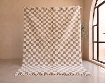 White and Beige Checkered Beni Ourain Rug - Handmade Moroccan Wool Rug - Textured Berber Area Rug for Living Room - Afrikesh
