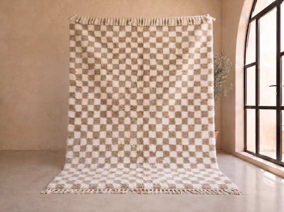 White and Beige Checkered Beni Ourain Rug - Handmade Moroccan Wool Rug - Textured Berber Area Rug for Living Room - Afrikesh