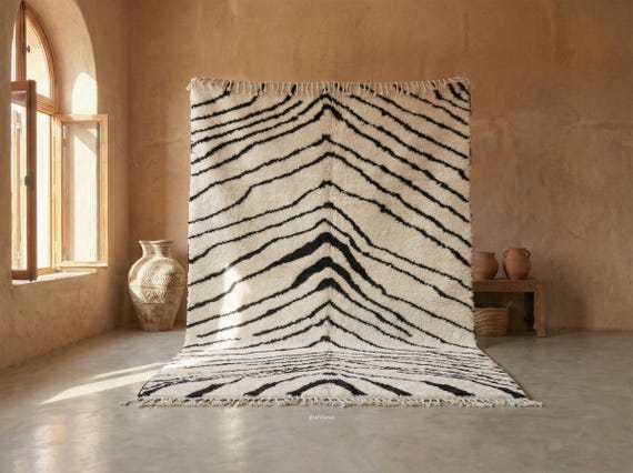 White and Black Beni Ourain Rug - Handmade Moroccan Wool Rug - Bold Chevron Stripe Berber Area Rug for Living Room - Afrikesh