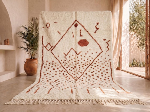 Rust Terracotta Beni Ourain Rug - High Pile Handmade Moroccan Wool Rug - Diamond Dot Berber Area Rug for Living Room | Afrikesh