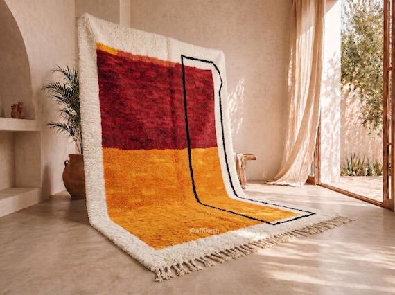 Modern Custom Beni Ourain Rug – Vibrant Mustard and Burgundy Moroccan Wool Rug, Handmade Ivory Border Berber Area Rug | Afrikesh