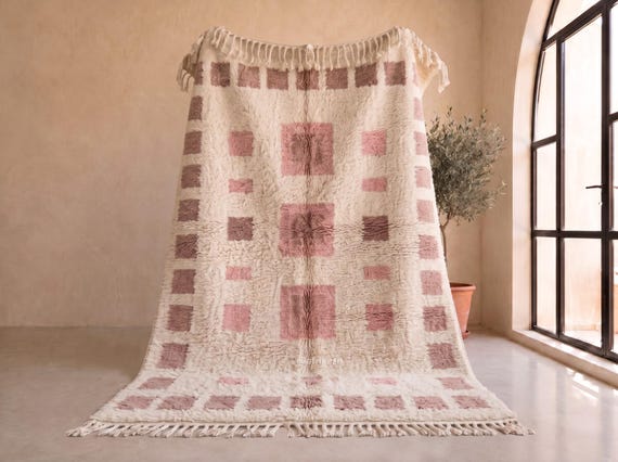 Dusty Pink and Blush Beni Ourain Rug - Handmade Moroccan Wool Rug - Checkered Berber Area Rug for Bedroom Living Room | Afrikesh