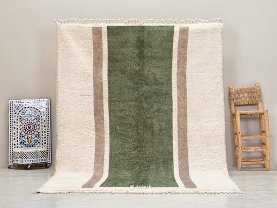 GORGEOUS HANDMADE RUG, Beni Ourain Moroccan Rug, Green & White Wool Carpet, Custom Size Berber Rug, Abstract Interior Design.