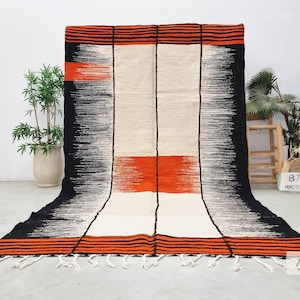 STRIPED KILIM RUG, Black & Orange Moroccan Rug, Flat-weave Zanafi Floor Rug, Bohemian Woven Wool Rug, Custom Made Berber Area Rug.