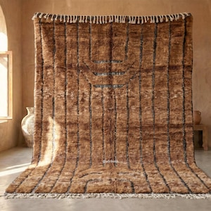 May include: A large, brown rug with vertical black stripes and a geometric design. The rug has a shaggy texture and a fringe along the bottom edge. The rug is displayed in a room with a window and a neutral color palette.