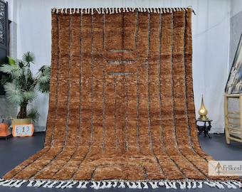 BENI OURAIN RUG, Moroccan Berber Carpet, Custom Rug, Hand Tufted Brown Rug, Striped Shag Rug, Area Rug, High-Quality Resilient Wool Rug