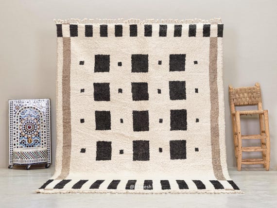 SHAG CARPET, Black & White Area Rug, Custom Moroccan Rug, Beni Ourain Wool Rug, Geometric Pattern Berber Rug, Handmade Modern Floor Accent