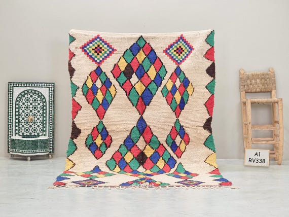 COLORFUL AZILAL RUG 5x7, Geometric Pattern Tribal Rug, Authentic Moroccan Rug, White & Blue Boho Rug, Vintage Berber Carpet, Beni Wool Rug.