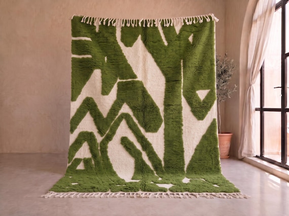 High Pile Olive Green and Ivory Rug - Handmade Moroccan Wool Rug - Tufted Beni Ourain Berber Area Rug for Living Room | Afrikesh